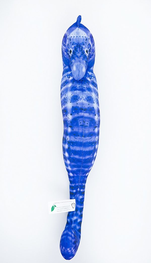 Poduszka konik morski przypominająca prawdziwego konika morskiego w kolorze niebieskim.